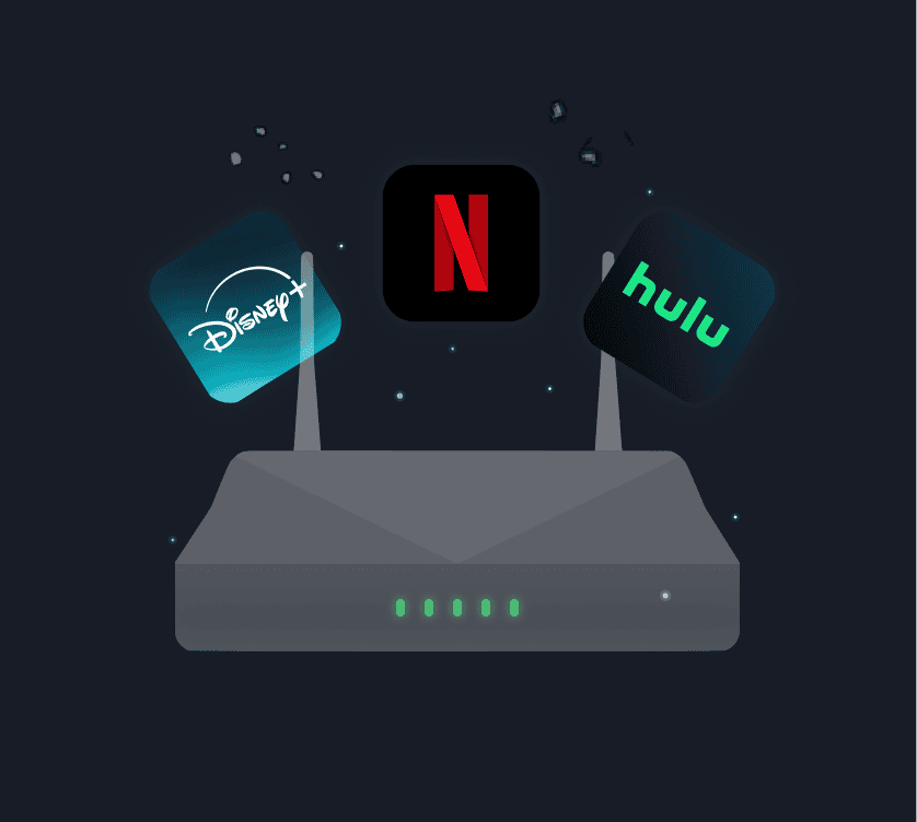 Wi-Fi-роутер со значками стриминговых сервисов Disney+, Netflix и Hulu