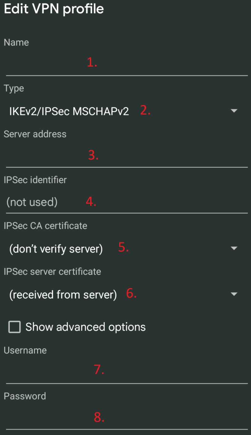 Campos del perfil de VPN IKEv2 nativo de Android numerados del uno al ocho