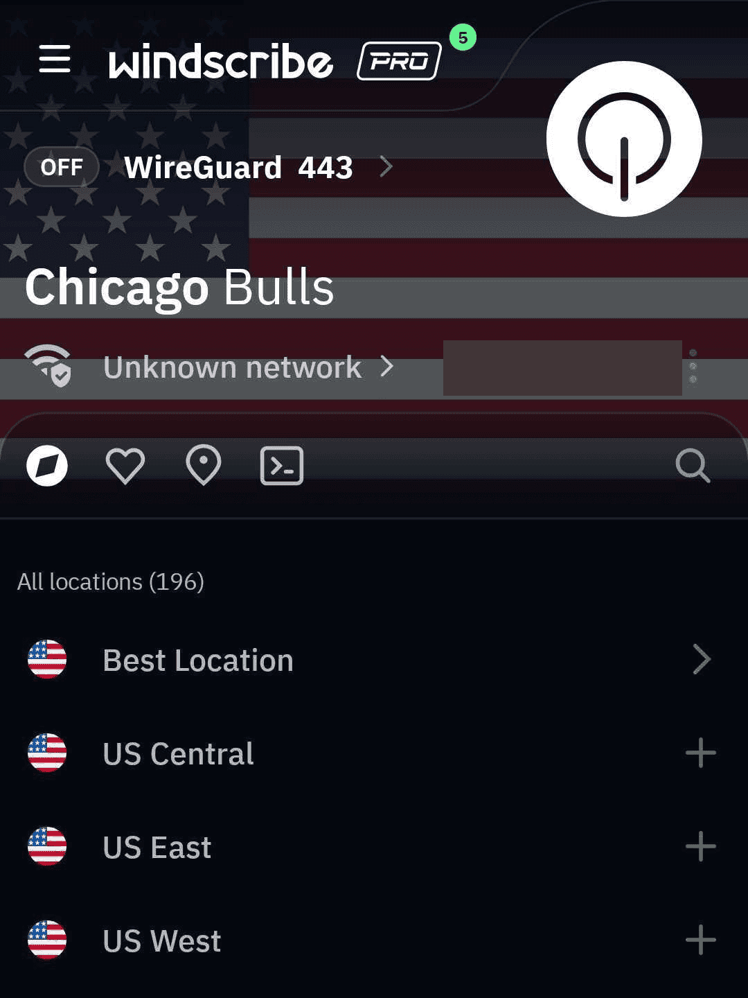 Экран локаций Windscribe для Android без подключения, публичный IP-адрес скрыт
