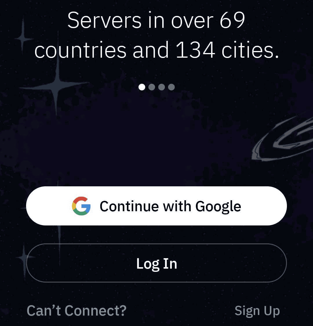 Экран приветствия Windscribe для Android с вариантами входа через Google, обычного входа и регистрации