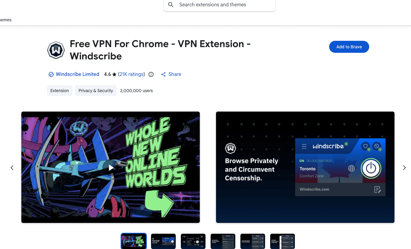 Страница Windscribe в Интернет-магазине Chrome, открытая в Brave