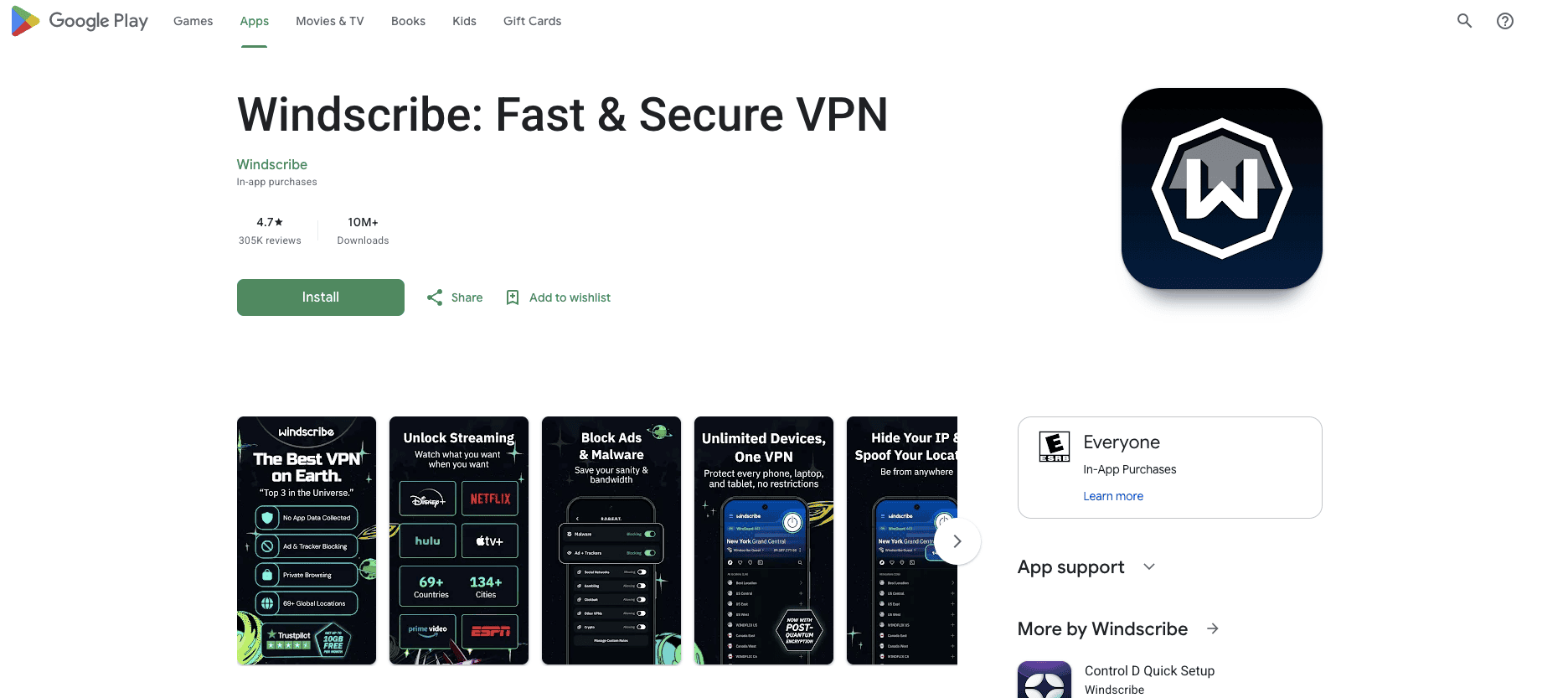 Страница Windscribe в Google Play с удалёнными данными учётной записи