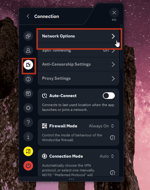 Open Network Options in the Windscribe app