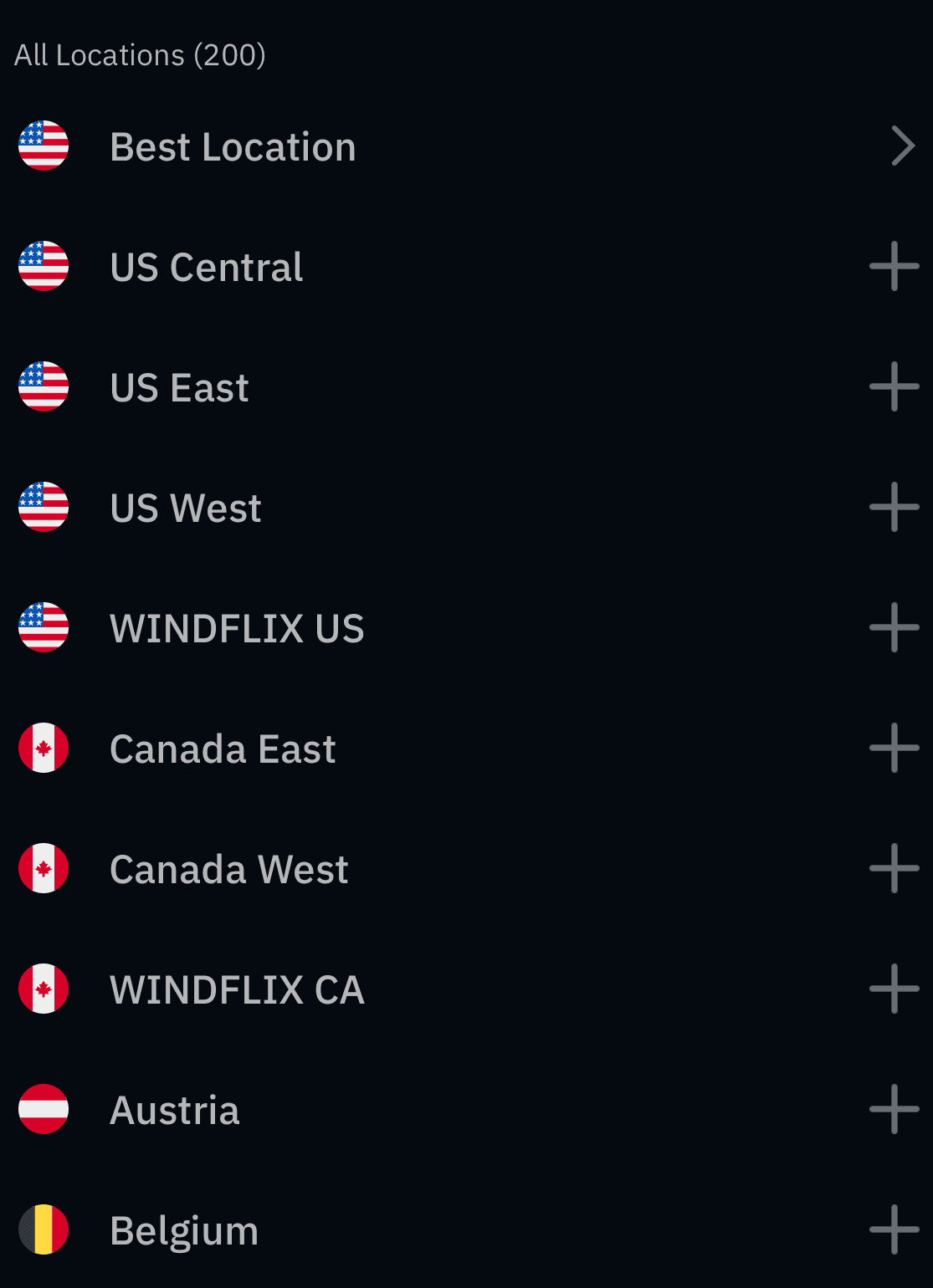 Список местоположений Windscribe на iPhone с регионами и группами местоположений