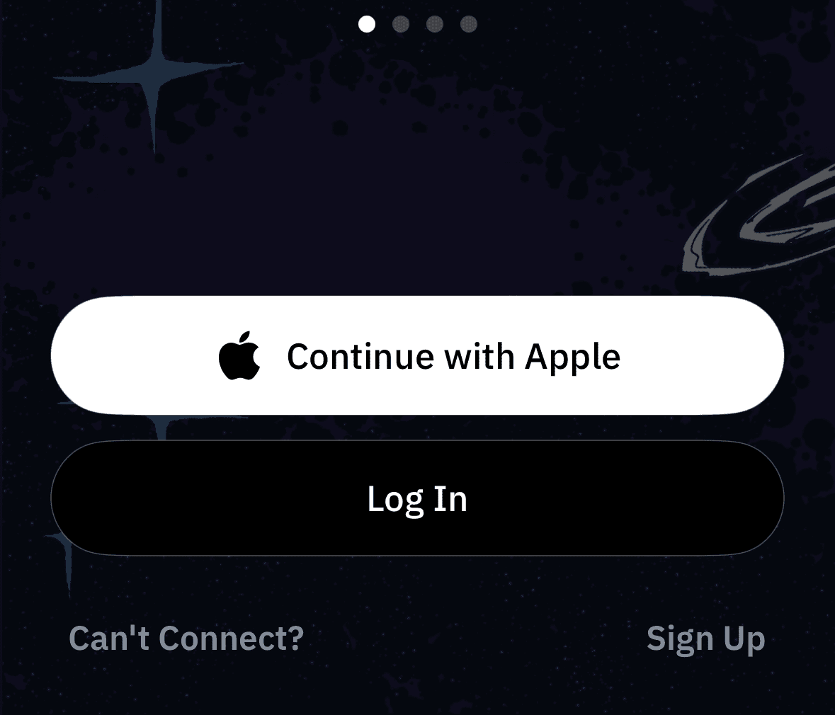 Экран приветствия Windscribe на iPhone с вариантами Continue with Apple, Log In и Sign Up