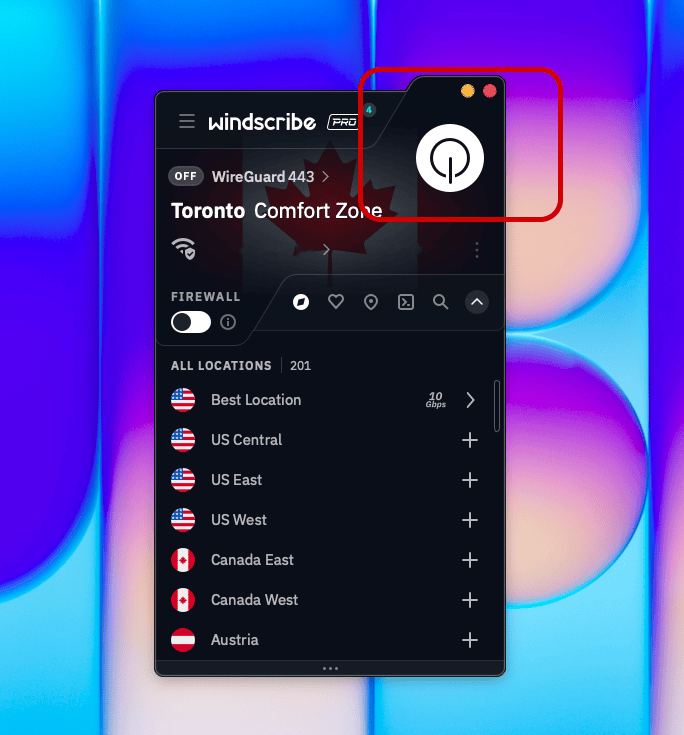Выделенная кнопка питания Windscribe