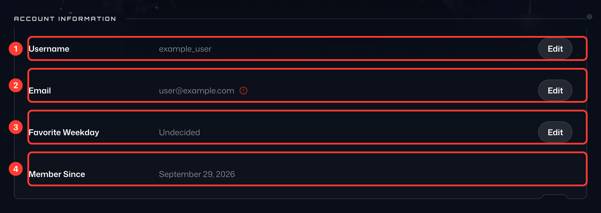Numbered details on the Account tab
