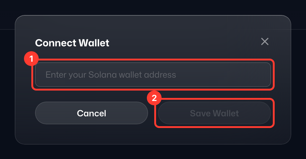 Diálogo para agregar la dirección de tu billetera Solana