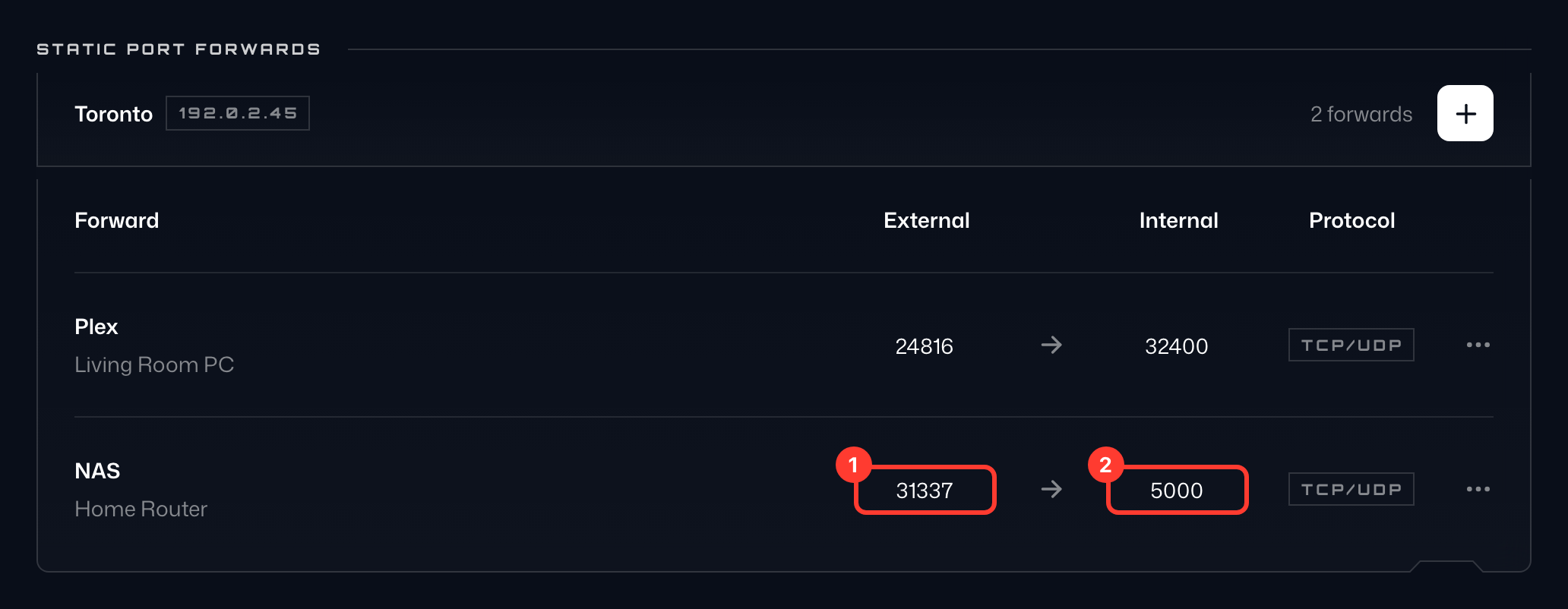 Redirección de puerto completada con sus puertos externo e interno