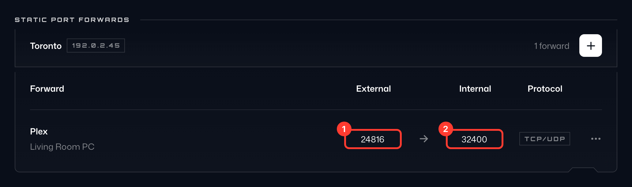 Redirección de puerto completada con sus puertos externo e interno