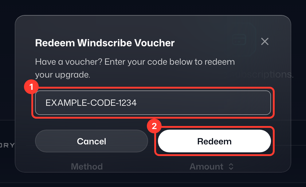 Ventana Canjea tu cupón de Windscribe con un código introducido