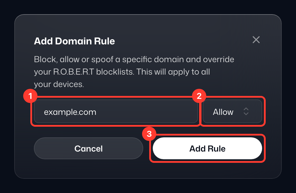 Diálogo Agregar regla de dominio con example.com escrito y Permitir seleccionado