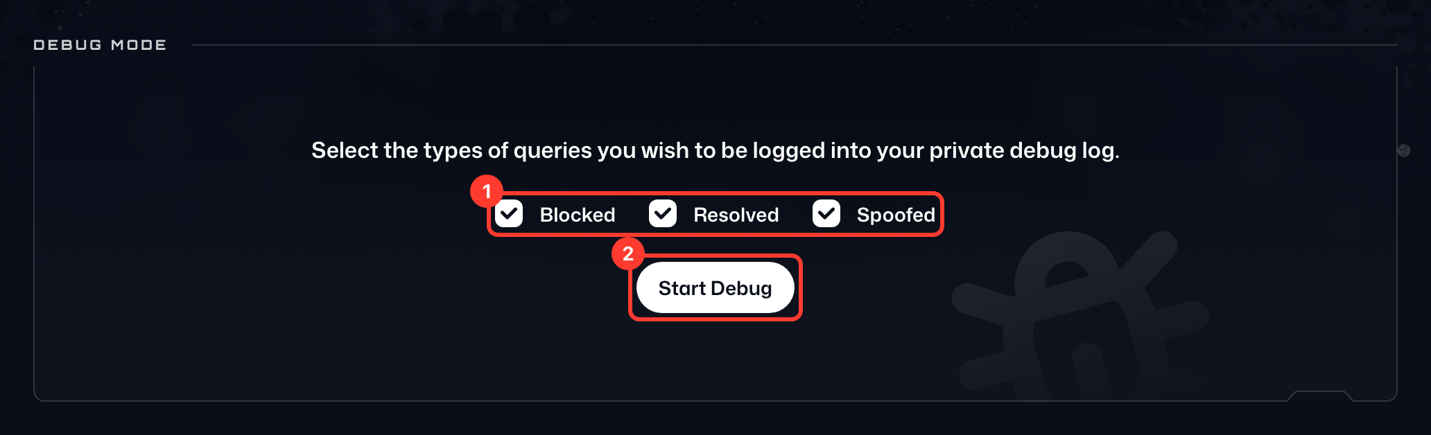 Modo de depuración con Bloqueado, Resuelto y Suplantado seleccionados
