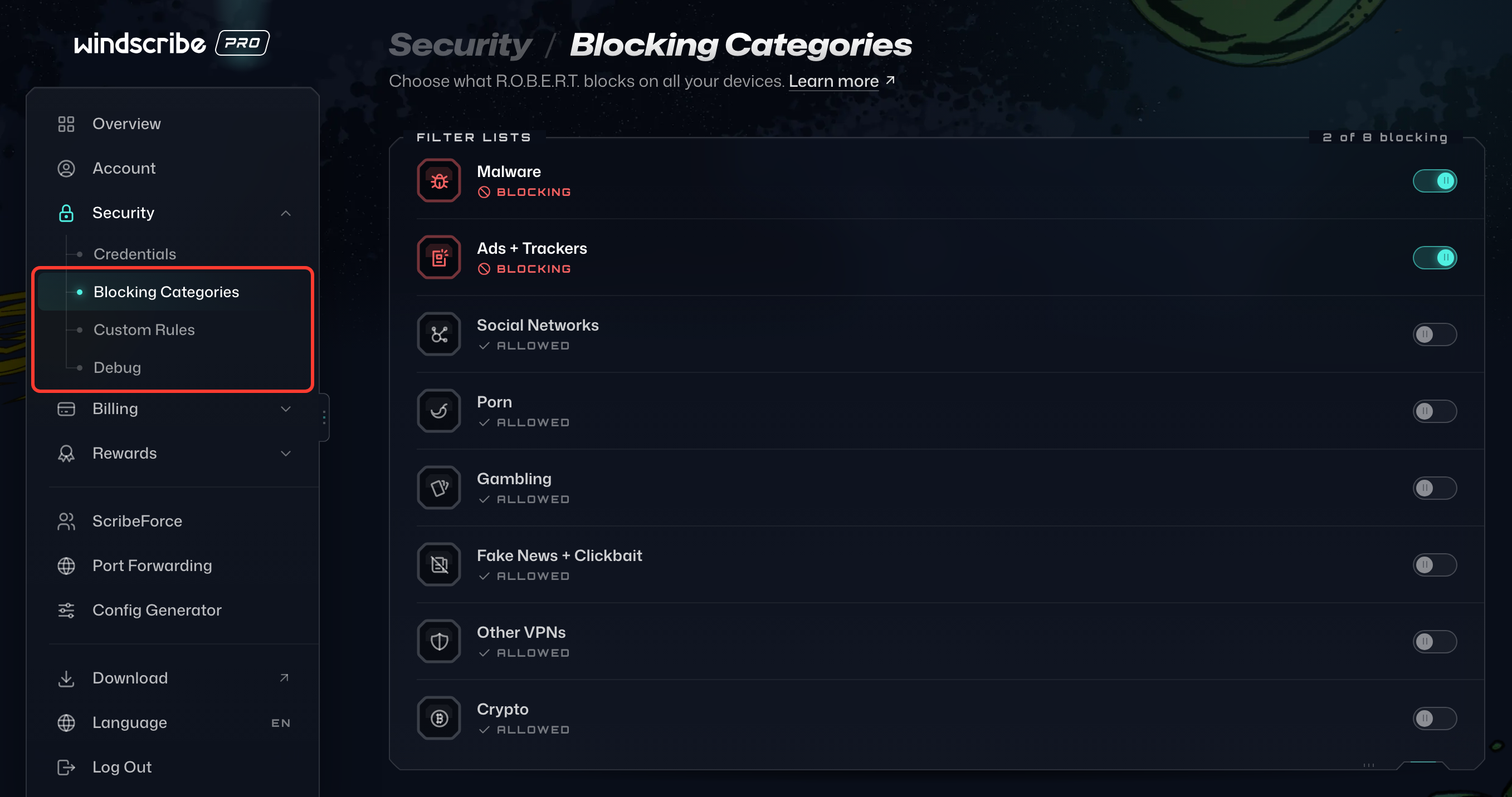 Categorias de bloqueio, Regras personalizadas e Depuração destacadas em Segurança na barra lateral de Minha conta, com Categorias de bloqueio aberta