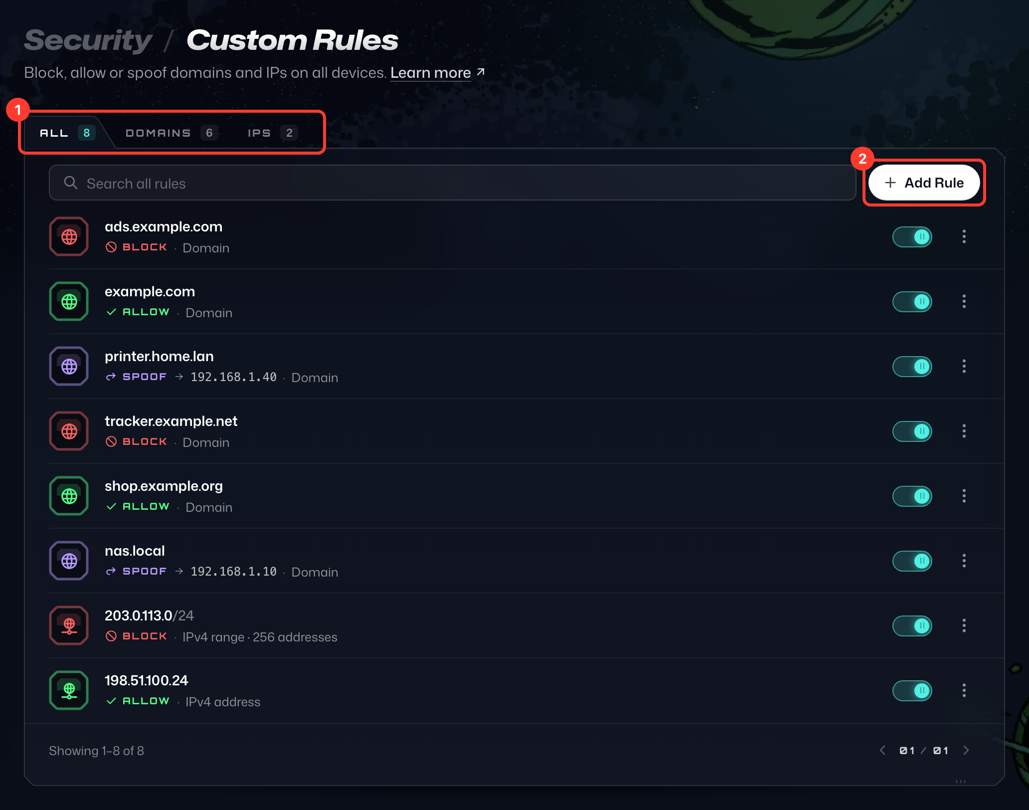 A página Regras personalizadas em Minha conta, com as abas Todas, Domínios e IPs e o botão Adicionar regra numerados como 1 e 2