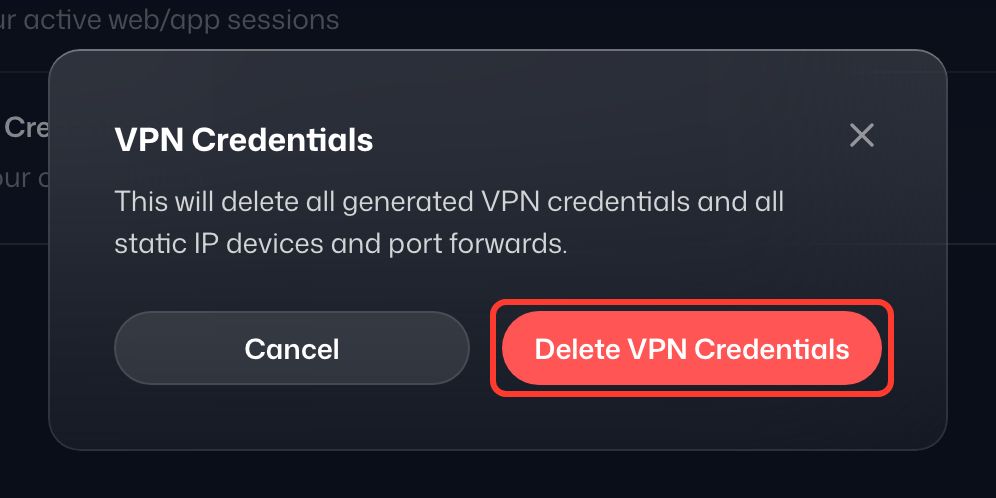 El cuadro de confirmación de Credenciales de VPN, con Eliminar credenciales de VPN resaltado