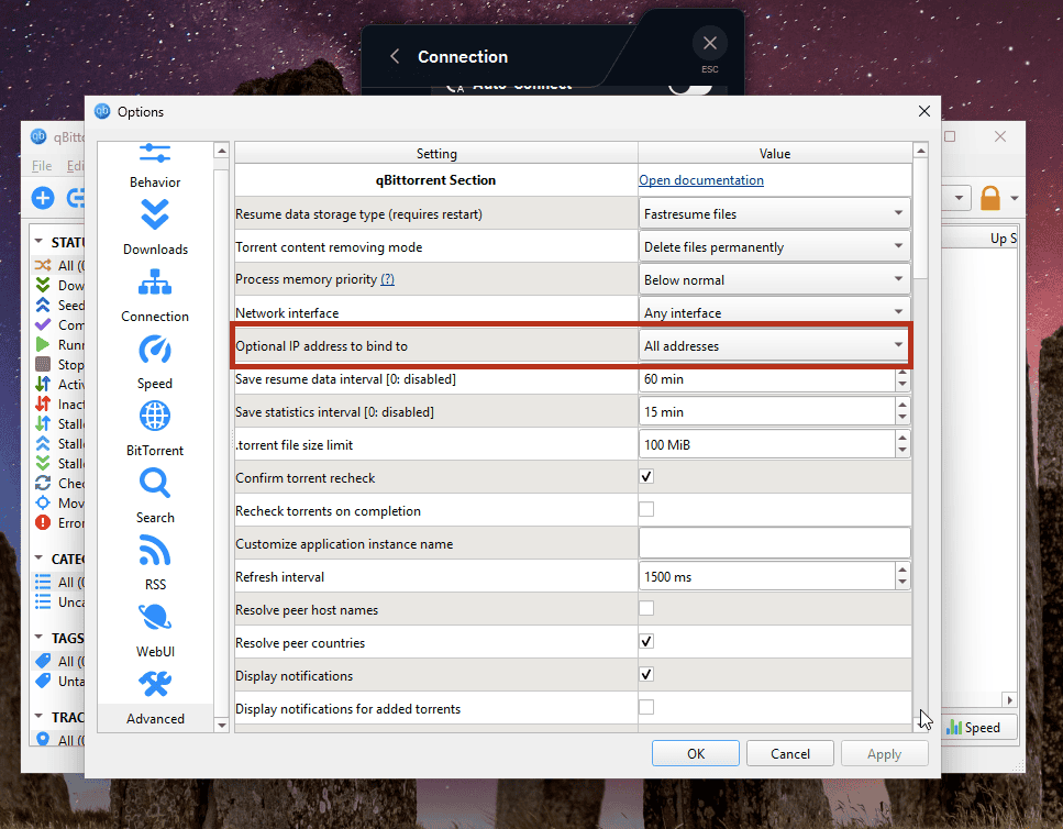 Optional IP address to bind to set to All addresses