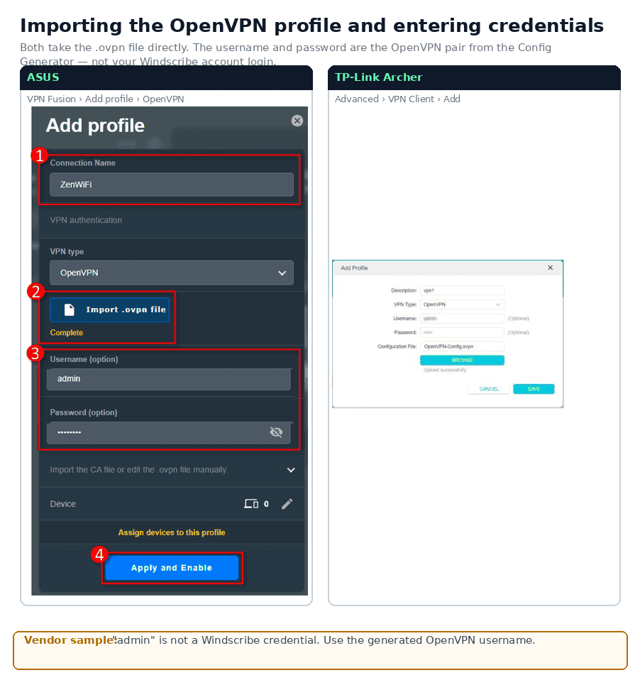 Interfaces de importación de OpenVPN de ASUS y TP-Link; el ejemplo del fabricante ASUS contiene un nombre de usuario admin de muestra que no debe copiarse