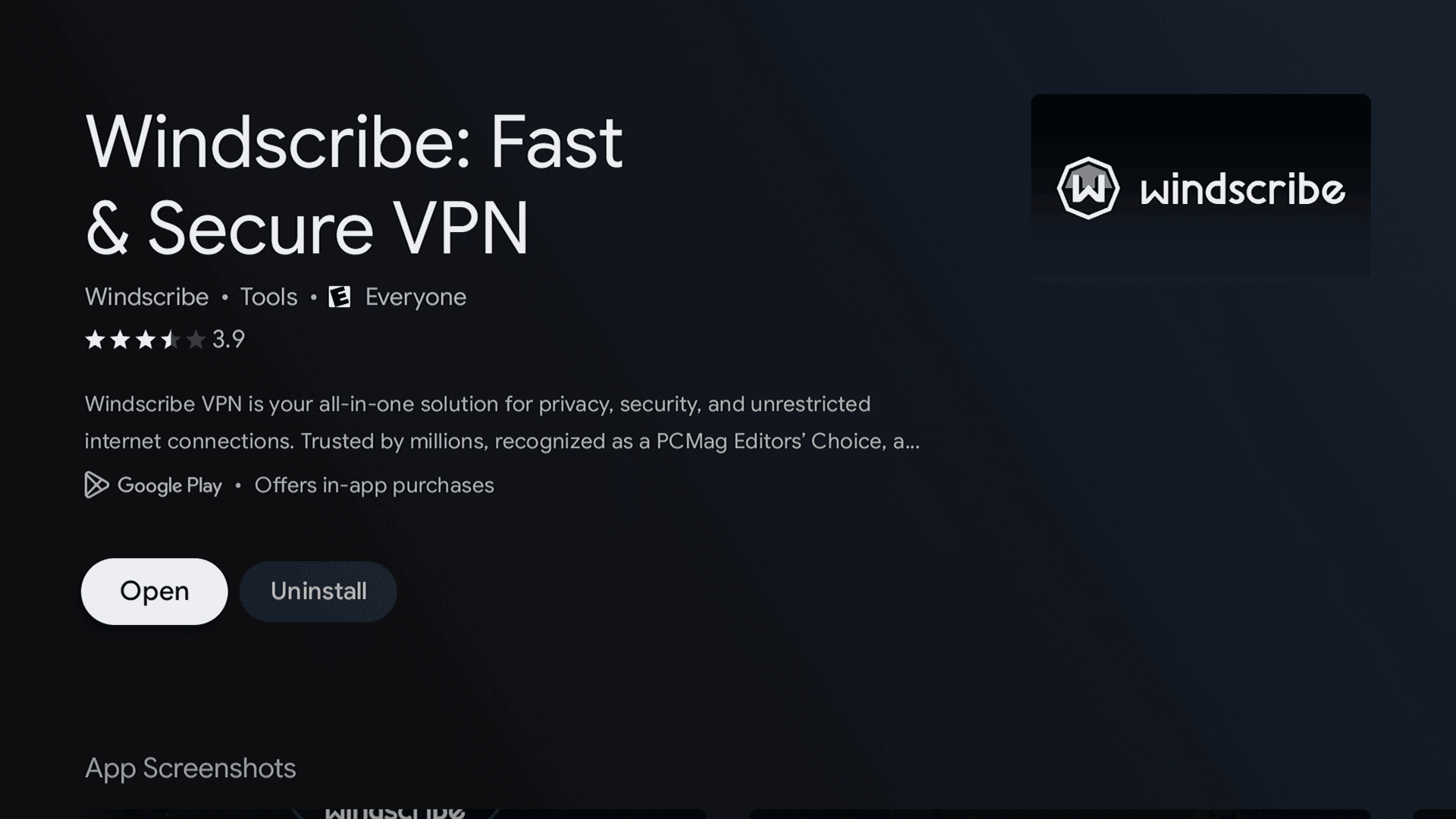 Страница приложения Windscribe в Google Play Store на телевизоре TCL