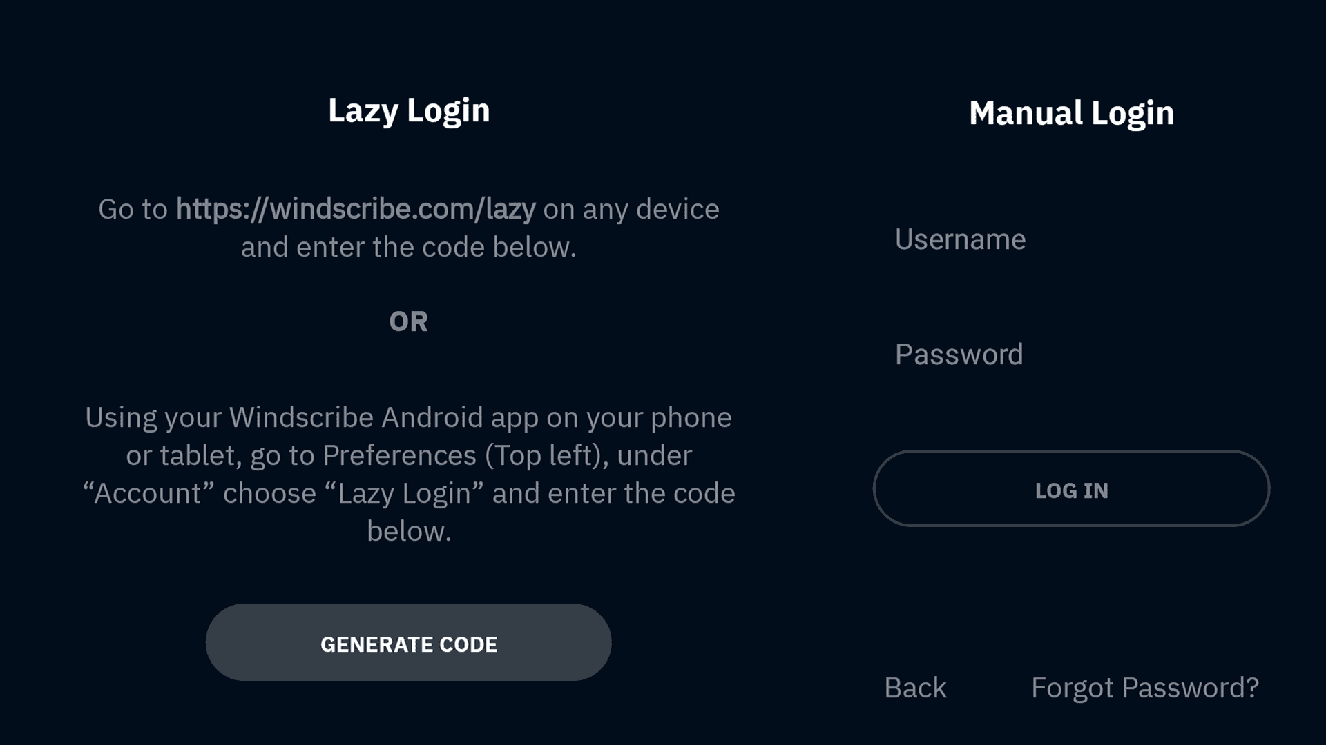Варианты Lazy Login и Manual Login в Windscribe на телевизоре TCL
