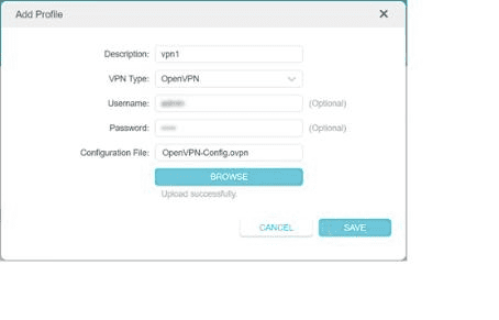 Completed TP-Link OpenVPN profile form showing Upload successfully before Save