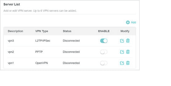 TP-Link VPN Server List with one profile enabled while all profiles are disconnected