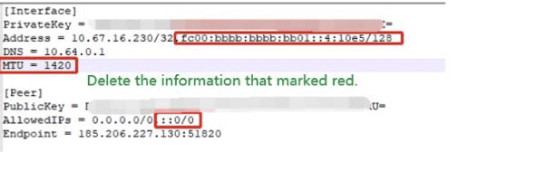 Annotated WireGuard config showing the IPv6 address, MTU line, and IPv6 AllowedIPs entry to remove