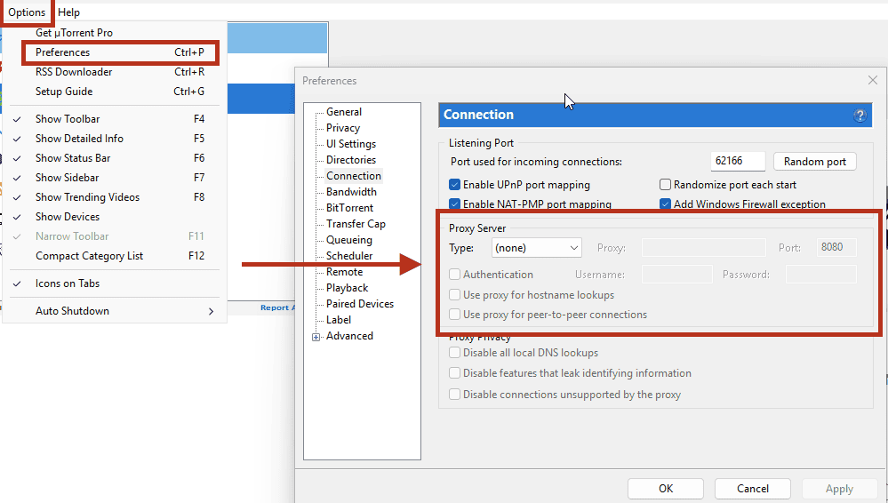 uTorrent Options > Preferences > Connection panel with Proxy Type set to (none)
